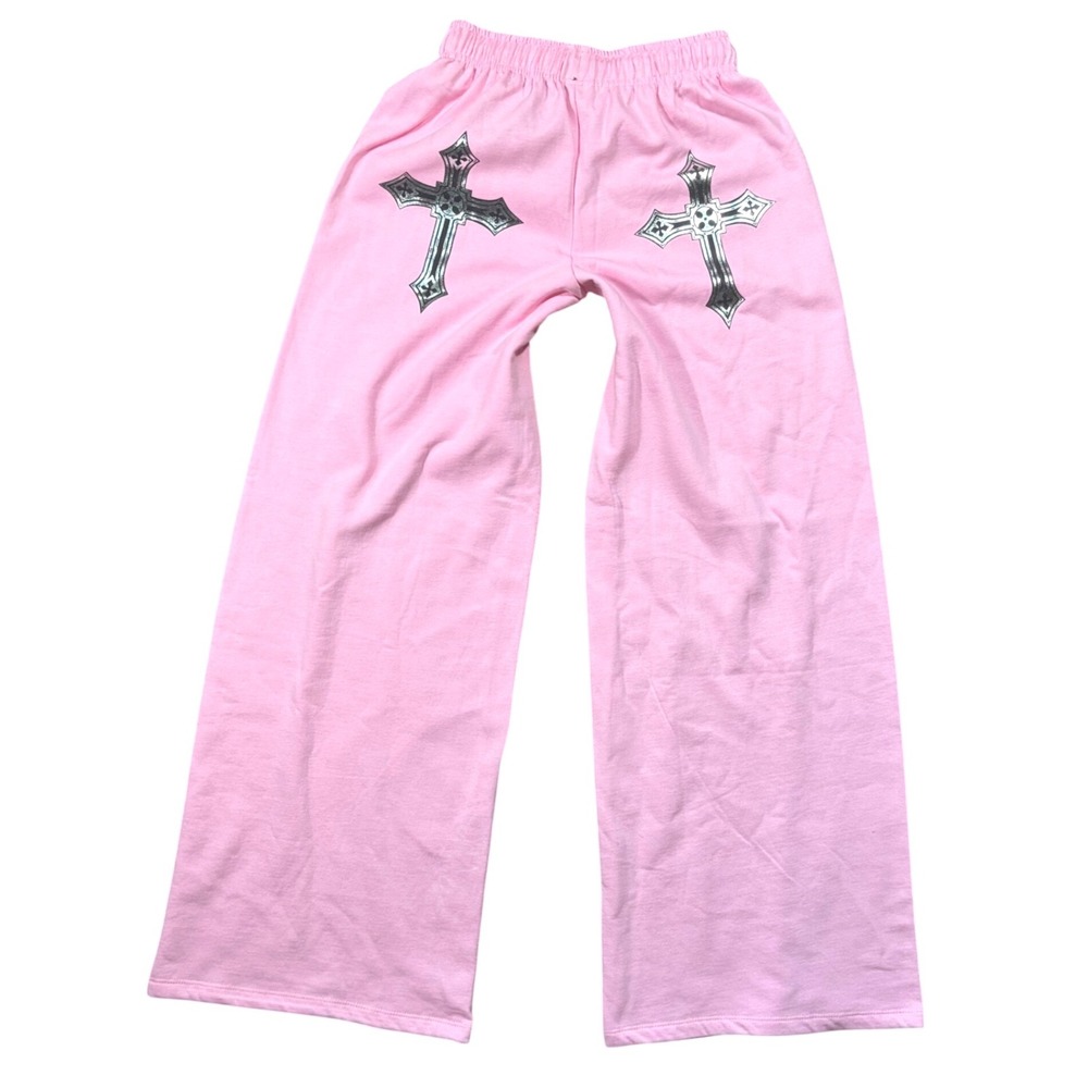 Y2K Style Grunge XS Pink Gothic Cross Wide Leg Sweatpants Fleece Joggers Mcbling